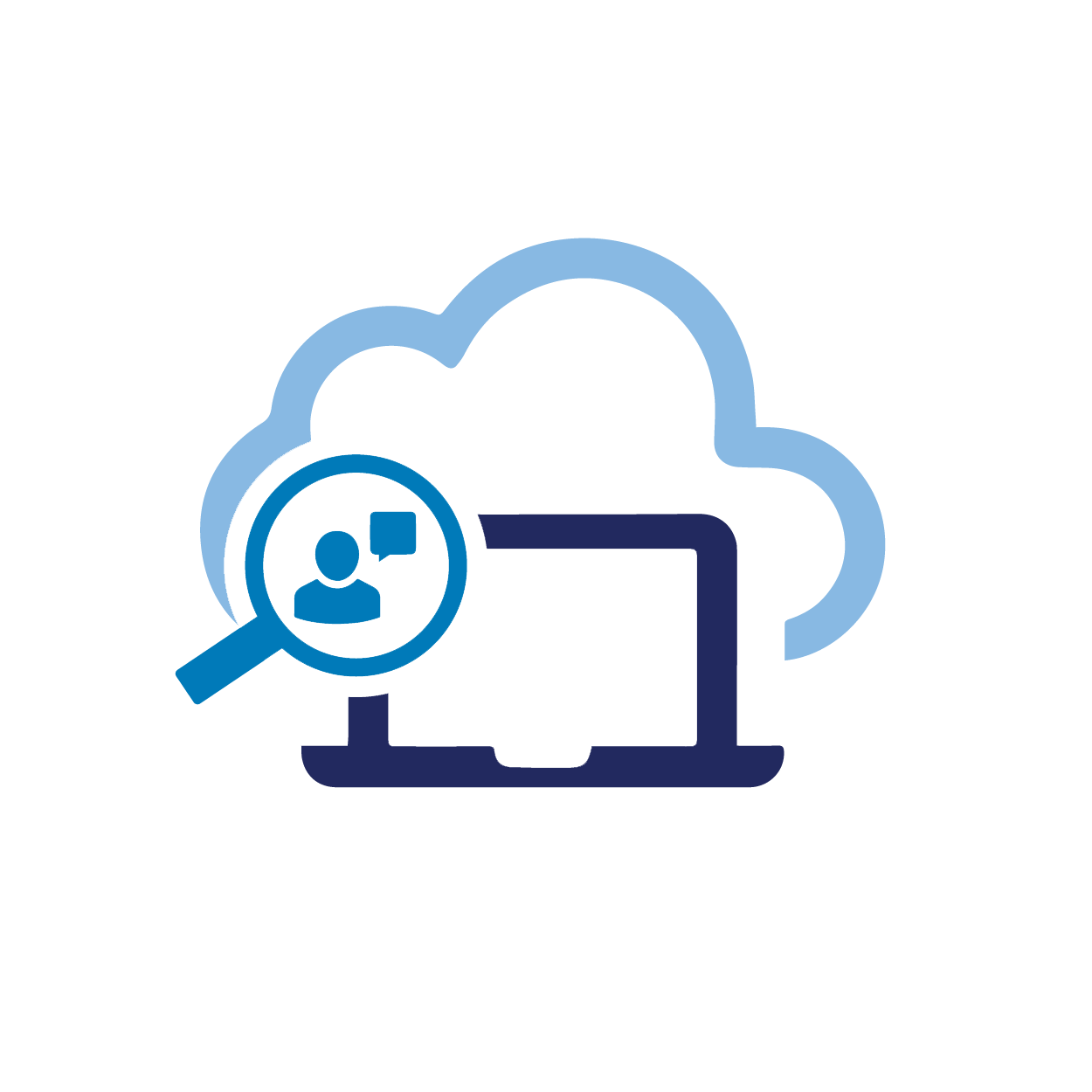 icon of a laptop with a cloud and magnifying glass with person inside of it to depict consulting