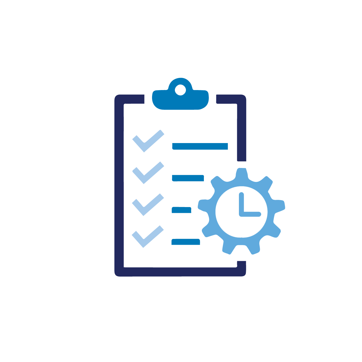 icon style image of a clipboard with checkmarks, gear and clock hands inside the gear to depict project management