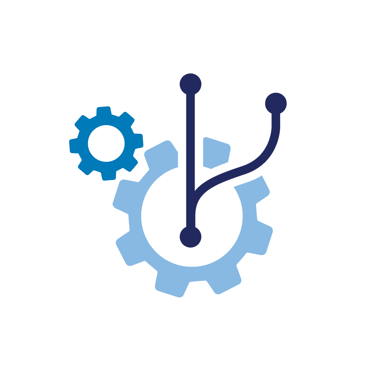 icon style image of 2 gears and tech lines to depict synergy